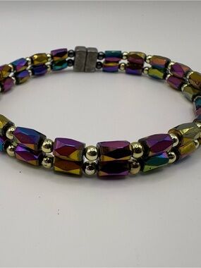Iridescent Faceted Bead Magnetic Clasp Bracelet Double Strand Purple Gold Teal